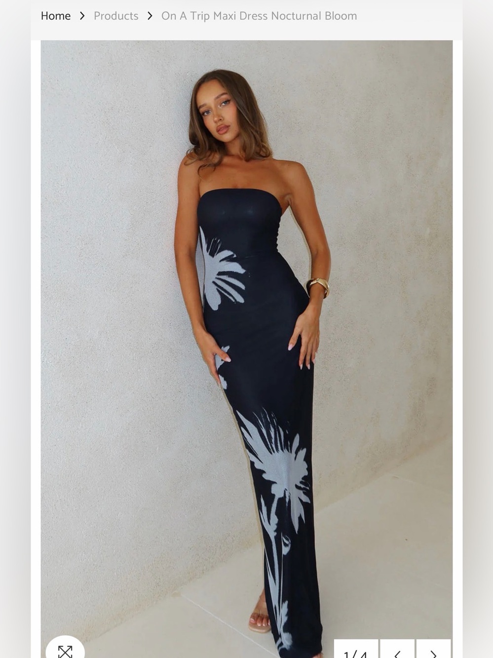 White Fox Boutique Black Strapless Maxi Dress with Gray Floral Print-NWT